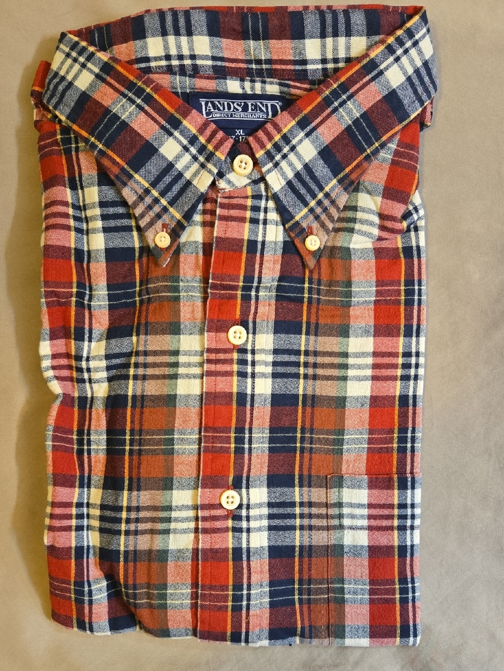 Lands' End Red, Navy & Cream Plaid Button-Down Shirt